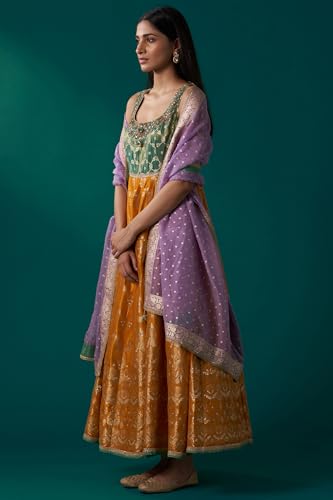 Wishful Women's Yellow and Green Zardozi Embroidered Jacquard Anarkali Kurta with Churidar and Dupatta Set (SP12840-314439-L)