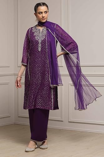 Biba Women Purple Viscose Straight Printed Suit Set_40