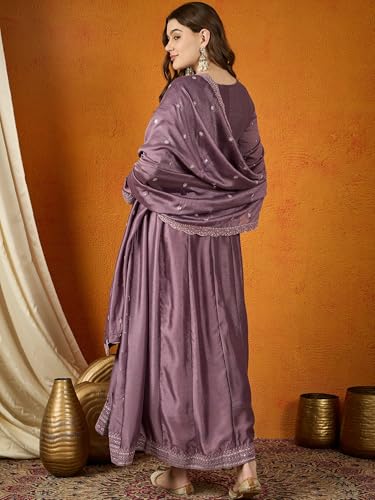 Shampysky Women's Purple Chinon Stitched Top With Chinon Dupatta Full Sleeve Embroidered Anarkali Gown (SSY-1193-Purple-XL)