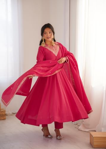 Leeli Peeri Designer Women's Roman Shimmer Silk Embroidered Anarkali Kurta Set With Dupatta
