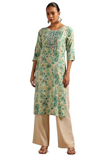 Soch Womens Off White Rayon Floral Print Kurta with Mirror Work