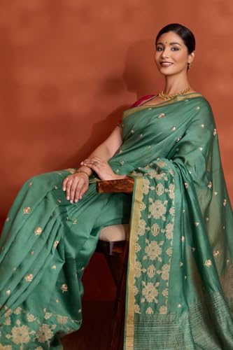 Taneira Women Dark Green Bengal Pure Silk Linen Embroidered Saree with Unstitched Blouse Piece (SAPH01AB0675-Dark Green)