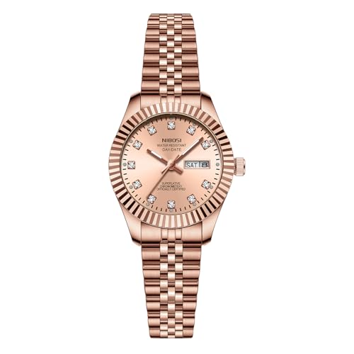 NIBOSI Watches for Woman Analog Quartz Stainless Steel Diamond Rose Gold Green Small Dial Women Watches Classic Wrist Watch Date Waterproof (A06-Rose Gold)