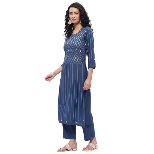 BIBA Women's Polycotton Kurta Suit Set (SKD7437ESS23BLU_Blue_XL)