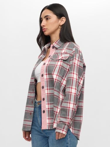 The Souled Store Plaid: Olive, Red, White Women and Girls Long Sleeves Collared Neck Button Front Cotton Oversized Shackets