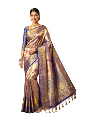 VFCollections Women's Traditional Handloom Kanchipuram Silk Pure Pattu Sarees | Rich Zari Woven Design | Bridal Saree | Unstitched Blouse (VFC644-1), Purple,Gold
