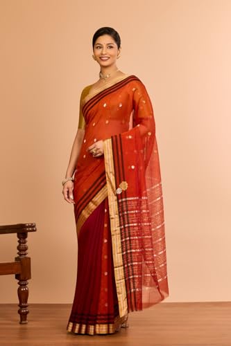 Taneira Women Dark Orange Silk Cotton Chanderi Woven Saree with Unstitched Blouse Piece (SAPH02AB0797-Dark Orange)