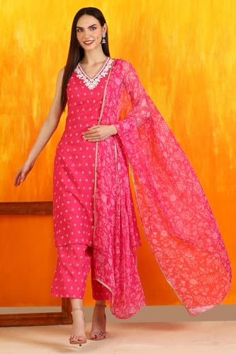 W for Woman Pink Embroidered Shantung Sleeveless Kurta, Cropped Pants and Dupatta Set (Size: M)-WS12730-125179