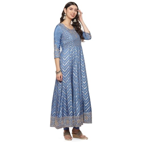 BIBA WOMEN YARNDYED ANARKALI SALWAR KURTA DUPATTA(SKDBANARASI8968_POWDER BLUE_34)