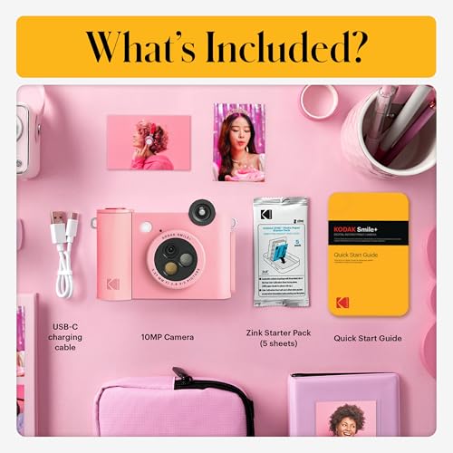 Kodak Smile+ 2-in-1 Digital Instant Print Camera & Photo Printer Gift Bundle + Case + Zink 2x3 Sticky Back Photo Paper 20pk + Album + Sticker Sets + Sticker Frames + Hanging Frames + Markers - Pink