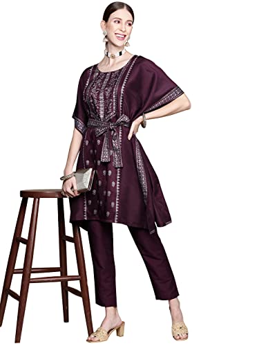 Ziyaa Women's Burgundy Chinon Flared Kurta and Pant Set(ZIKUCH3800ANDPA-XXL)