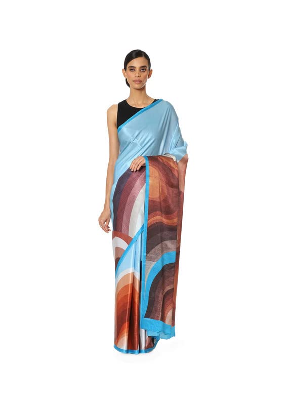 Satya Paul Blue Powder Satin Georgette Printed Silk Saree for Women