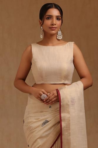 Soch Womens Beige Linen Embroidered Saree With Thread Work