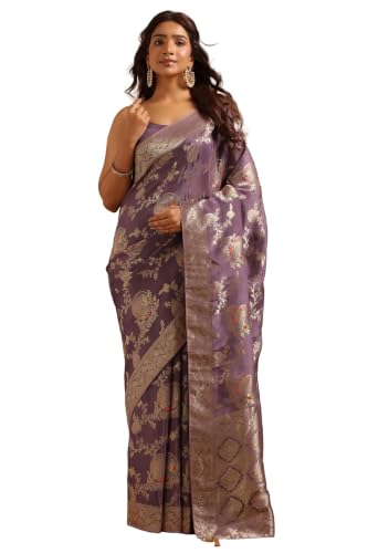 Soch Womens Lavender Satin Botanical Zari Woven Saree