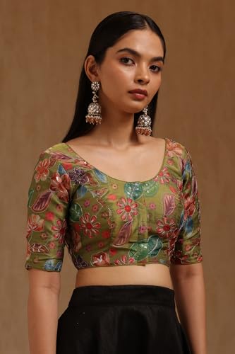 Soch Womens Olive Tissue Floral Print Padded Blouse with Sequins