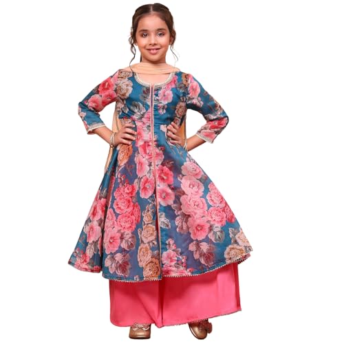 Biba Girls Modal Teal and Pink Floral Printed Flared Festive Suit Set, 9-10 Y