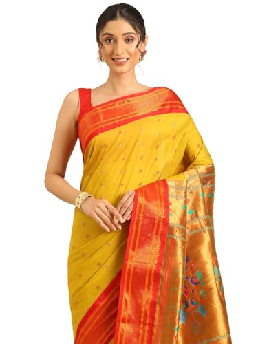 Varkala Silk Sarees Muniya Paithani Saree, Silk Blend Traditional Maharashtrian Saree with Copper Zari Border, Peacock Pallu 5.5 Meter and Unstitched Blouse, Beige & Red