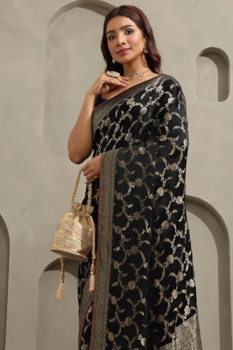 Soch Womens Black Crepe Botanical Zari Woven Saree