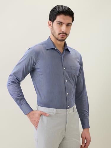 Raymond Men Regular Fit Stripe Pattern Pure Cotton Cut Away Collar Full Sleeve Formal Shirt Blue