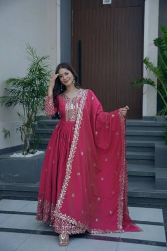 Women Most Beautiful Shimmer Silk Gown with Dupatta Long Dress, Latest Silk Long Anarkali Gown Set for Girls and Woman (in, Alpha, L, Regular, Women, Pink)