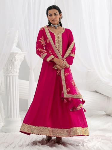 Libas Embroidered Silk Blend A-Line Ethnic Dress with Dupatta-93608L Pink