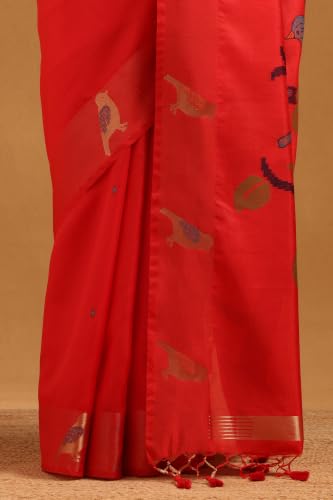 Soch Womens Red Tussar Zari Woven Bird Motifs Saree