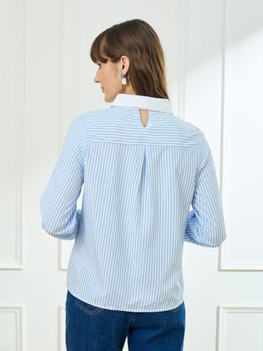 Latin Quarters Women's Blue Full Sleeves Collar Neck Casual Stripes Shirt_S