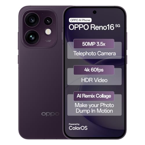 Oppo Reno16 5G (Twilight Violet, 12GB, 256GB) | 50MP 3.5X Telephoto Camera | 4K 60fps HDR Video | AI Remix Collage | Snapdragon 7 Gen 4 | 6700mAh 80W SUPERVOOC | ColorOS 16 | IP69K