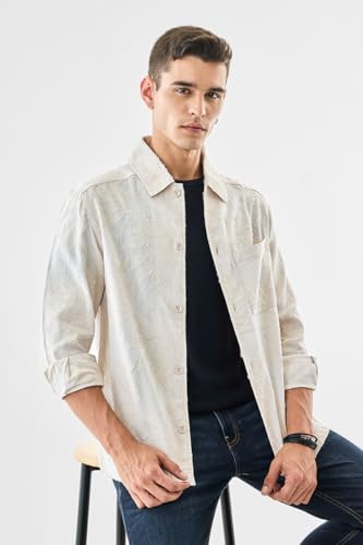 SNITCH Men's Box Fit Overshirt | Textured Floral Pattern with Full Sleeve & Point Collar | 100% Cotton, Breathable & Lightweight Casual Wear | Beige