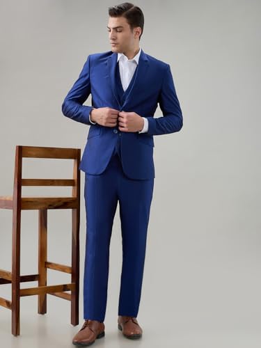 Park Avenue Men Super Slim Fit Structure Pattern Terelyne Rayon Blend Notch Lapel Full Sleeve Formal Suit Blue