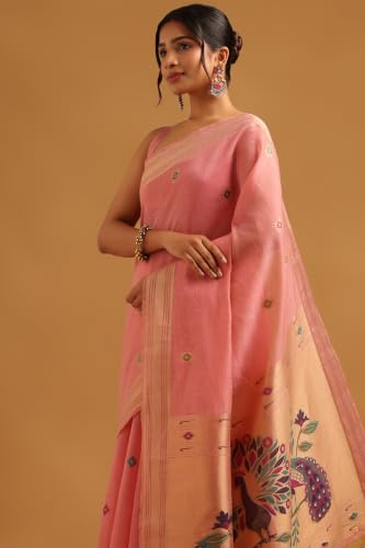 Soch Womens Pink Chanderi Bird Motifs Zari Woven Saree With Tassel