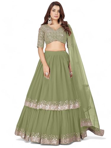 Zeel Clothing Women's Sequins Embroidered Georgette New Lehenga Choli with Dupatta (5066-Olive-Womens-Lehenga-Choli-Latest; Free Size) (Olive)
