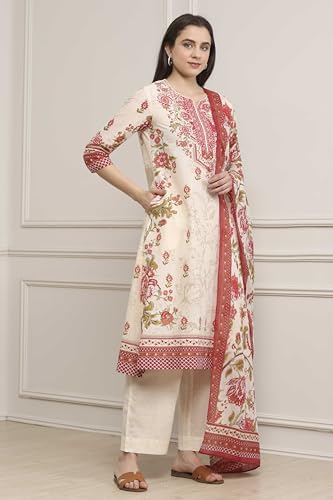 Biba Women Off White Cotton Printed Straight Suit Set_32