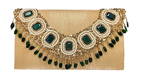 DUCHESS Women's Hand Embroidered Golden Green Clutch