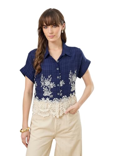 Latin Quarters Women's Blue Cap Sleeves Collar Neck Casual Embroidery Shirt_M