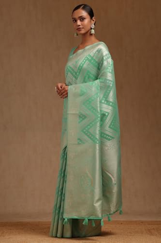 Soch Womens Light Green Linen Woven Design Saree