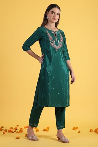 W for Woman Green Thread Embroidered Straight Kurta and Pants Set with Dupatta (Size: XL)-WS12310-119954