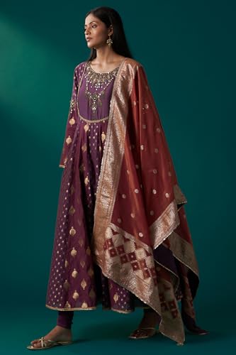 Wishful Women's Purple Zari Embroidered Chanderi Jacquard Anarkali Kurta with Churidar and Dupatta Set (SP12833-314433-XL)
