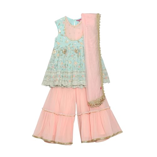 BIBA Girls SOLID; EMBROIDRED GATHERED KID(KWROYAL GARDEN5864_AQUA BLUE_7)