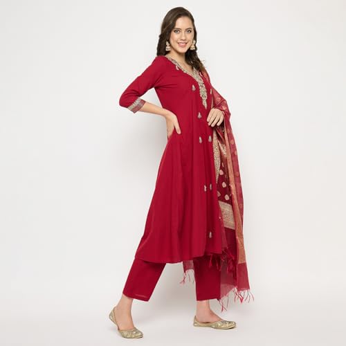 Rangavali Mangalagiri Anarkali Suit Set | Maroon Embroidered Managalgiri Readymade Outfit Kurta, Pant & Banarasi Dupatta for Women | Kurti Set for Ladies | 3 Pcs, M, 34