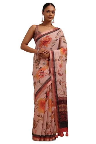 Soch Womens Peach Linen Blend Floral Print Saree With Zari Woven