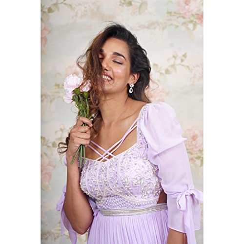 Avy's Label Premium Georgette Lilac Tiered Purple Long Frock with Maggam Work (Purple, 38)