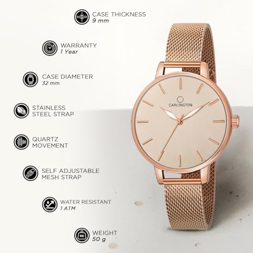 Carlington Big Dial Women's Analog Watch With Stainless Steel Mesh Strap, Adjustable Clasp and Water Resistant Body (Silver/Rose Gold/Black Dial) | Rakhi Gift for Sister and Girls