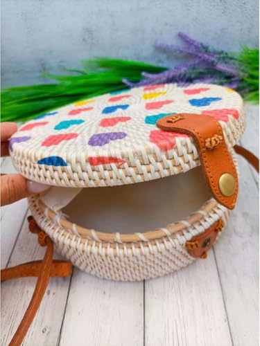 MAIRO LIFESTYLE Rattan Cane Straw Wicker Handmade Boho Summer Beach Round Sling Bag (Love Heart)
