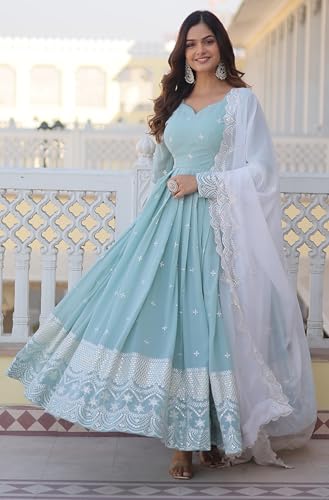 Fashion Basket Blue Women's Faux Georgette Anarkali Gown with Dupatta (XX-Large)