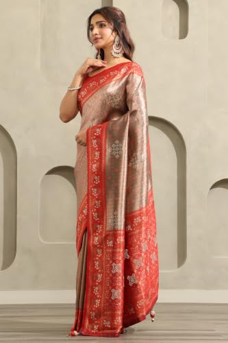 Soch Womens Red Tissue Ethnic Motifs Zari Woven Saree With Stone Work