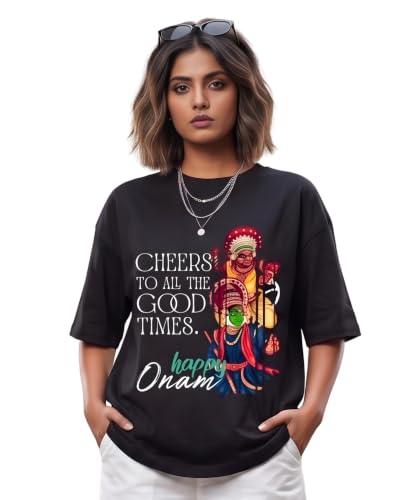 BRATMAZ Women's Happy Onam Graphic Printed Oversized Black T-Shirt