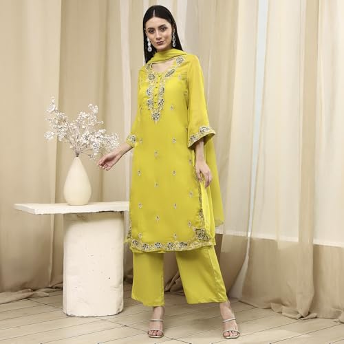 BIBA Women Lime Green Embroidered Straight Suit Set_32