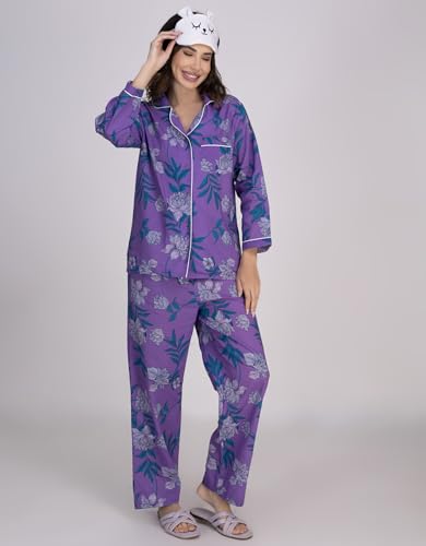 Moomaya Women's Cotton Printed Nightwear Set - Notch Lapel Shirt & Pajama Lounge Suit