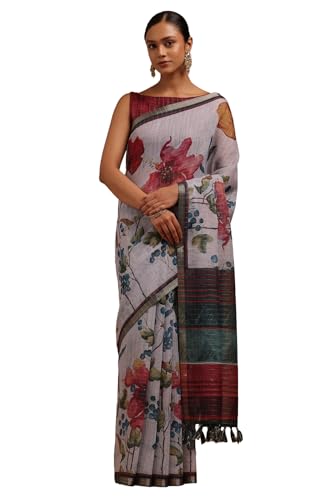 Soch Womens Powder Blue Linen Botanical Print Saree